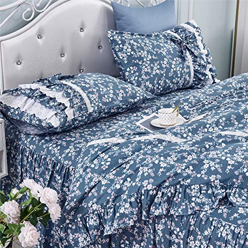 Fadfay Vintage Floral Dovet Cover Set Elegant And Shabby Blue Farmhouse Bedding White Lace Ruffle Princess Girls Bedding 100% Cotton Ultra Soft Korean Bedding With Bedskirt, Twin Extra Long Size #TOP5