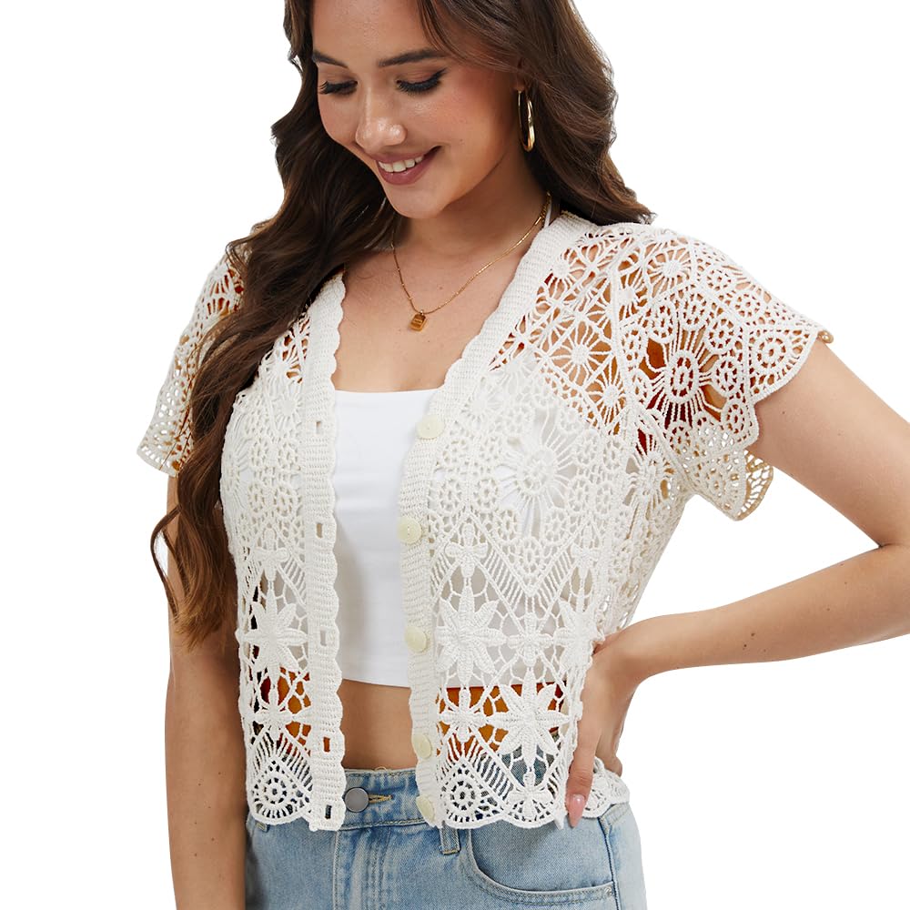 Women's Short Sleeve Bolero Shrugs Crochet Lace Open Cardigan, White, One Size