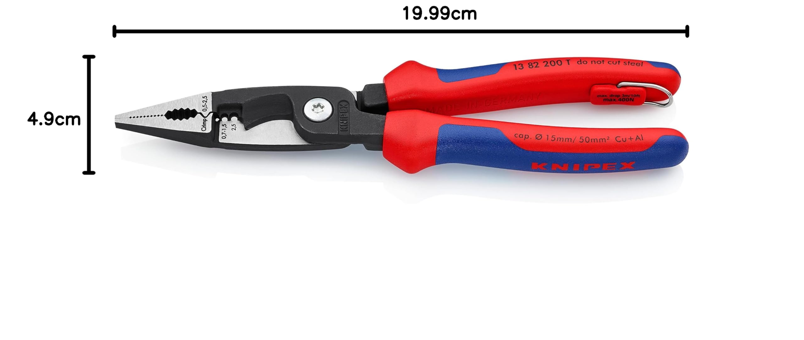 KNIPEX Alicate para instalaciones eléctricas con fundas multicomponentes, con anilla de fijación integrada para, 13 82 200 T