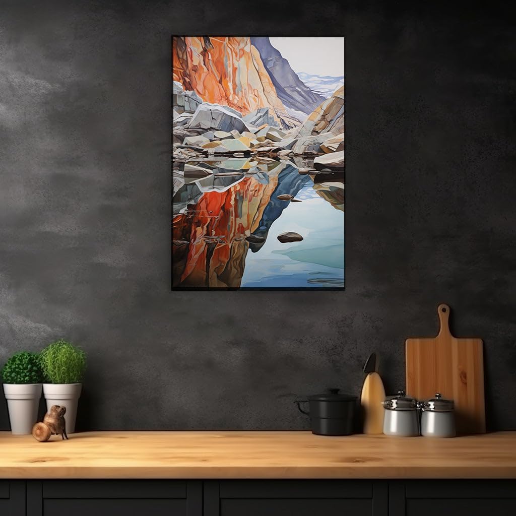 Canvas for Living room. Reflective Serenity in Hues of Fire and Water: A Mountain's Quiet Majesty, 27 x 18 inch Canvas Wall Art - Contemporary Masterpieces - Modern Home Decor