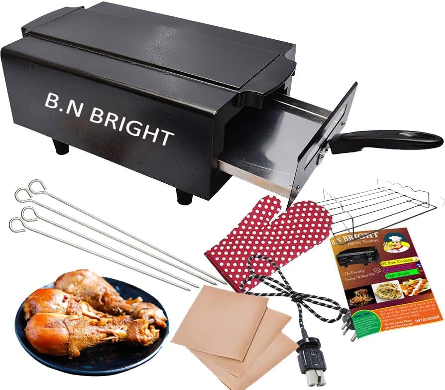 Bright Berg Heavy Weight Medium Electric Tandoor SS Element With Pizza Cutter, Recipe Book, Grill, Handle, Glove, 4 Skewers, 4 Legs, Magic Jali Sheak Pizza Cutter Tray Handle BBET-9