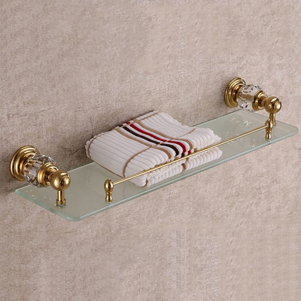 Shower Caddy Athroom Organizer Storage Rack Crystal Brass Golden Plated Glass Shelf with Built-in Crystal Single Tier Wall