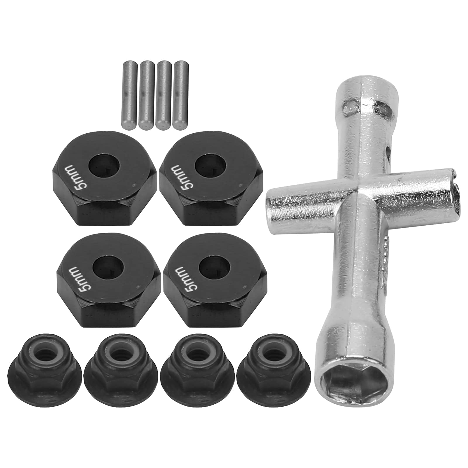 4Pcs Hex Adapters with Non-Slip Nuts and Bolt with Crossing Wrench, 12mm/0.5in RC Wheel Adapter 5mm/0.2in Thickness Adapter & Crossing Wrench M4 Non Slip Nut Set for 1/10 RC Vehicle (Black)