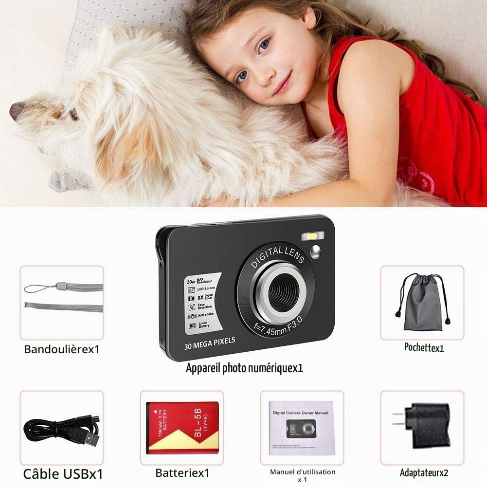 Appareil Photo Numérique 1080P 30 Mégapixels Appareil Photo Numerique Full HD Appareil Photo de Poche Rechargeable 2,7 Pouces avec Zoom Numérique 8X Appareil Photo Compact pour Adolescents Débutants