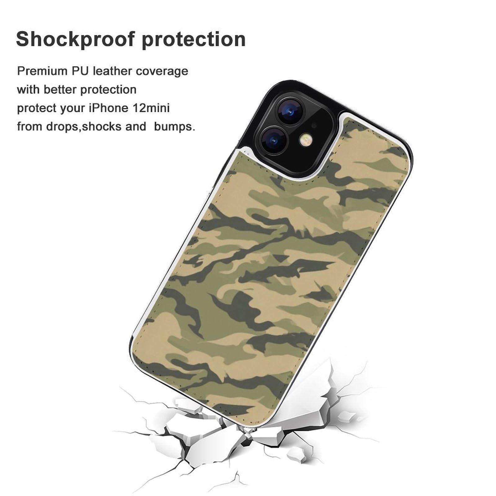 Funda tipo cartera para iPhone 12 Mini, diseño de rayas de tigre con estampado de camuflaje, funda de piel con ranuras para tarjetas