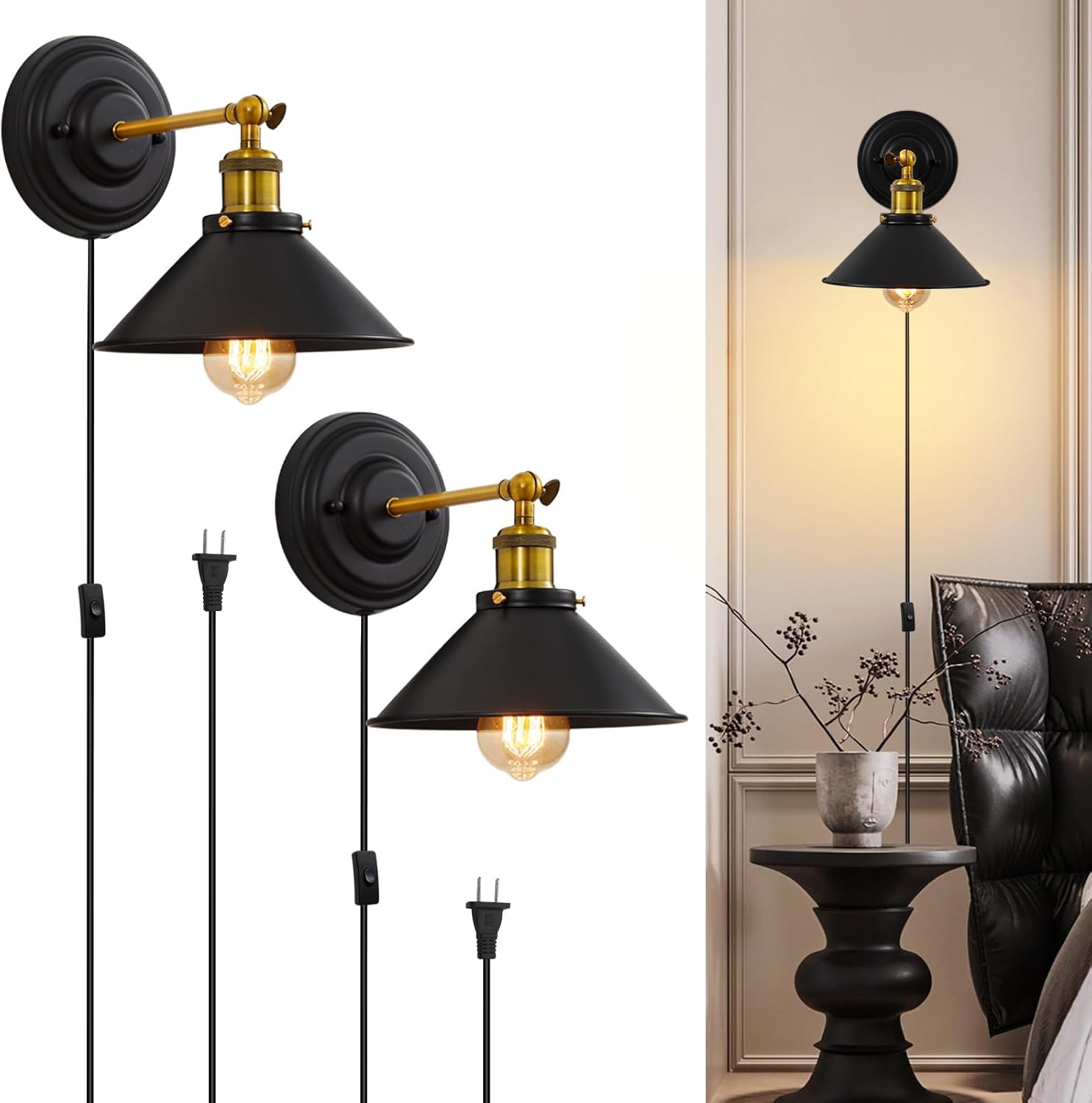 Lightess Plug in Wall Sconces Set of 2, Vintage Plug in Wall Light with 6FT On/Off Switch, Rotatable Mounted Lamps for Bedroom Living Room
