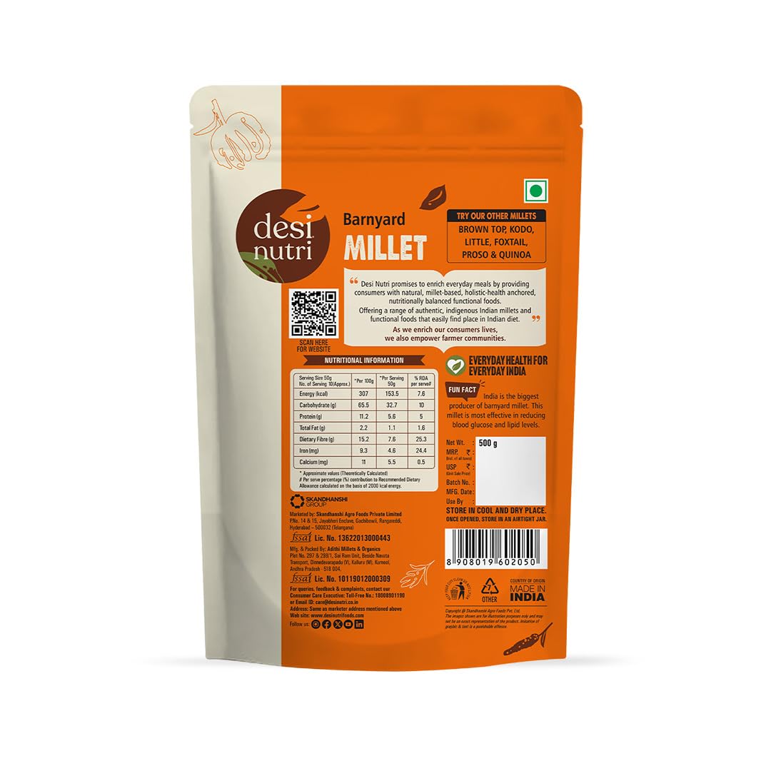 Desi Nutri Barnyard Millet Natural Grains | Millets | Natural Grains | Odalu | Oodulu | Sanwa | Barnyard Millet - 500 gms | Rich in Fiber and Protein