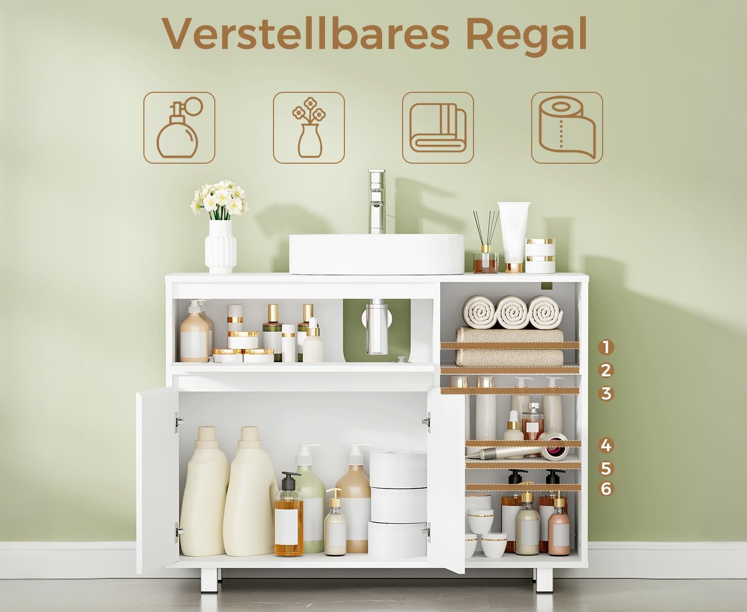 ANWBROAD Waschbeckenunterschrank, Badezimmerschrank mit 2 Schranktüren 3 Verstellbare Offene Regalböden,1 Verdecktes Staufach, Unterschrank Waschbecken mit Füßen,30 x 90 x 64,5 cm Weiß SSC001W
