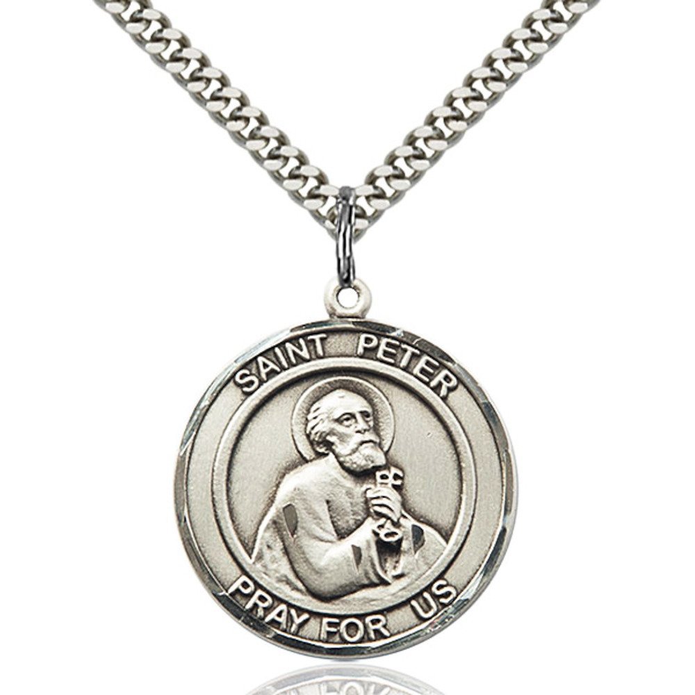 Bonyak Jewelry Saint Medal Collection Sterling Silver St. Peter the Apostle Pendant 1 x 5/8 inches with Heavy Curb Chain