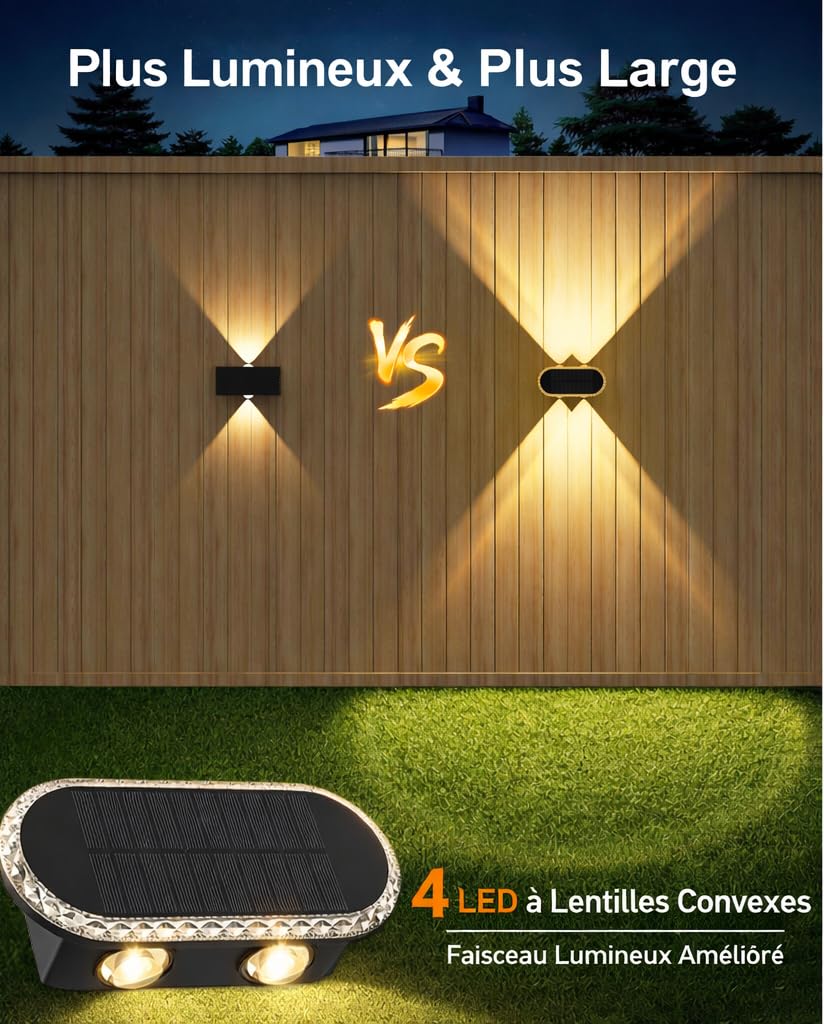 Lampe Solaire Exterieur Murale - Lot De 4 Haut Bas Applique Solaire Extérieur Puissante LED 1200 mAh - IP65 Étanche Éclairage Avec 3000K/4000K/6500K - 10-12H pour Clôture Jardin Terrasse