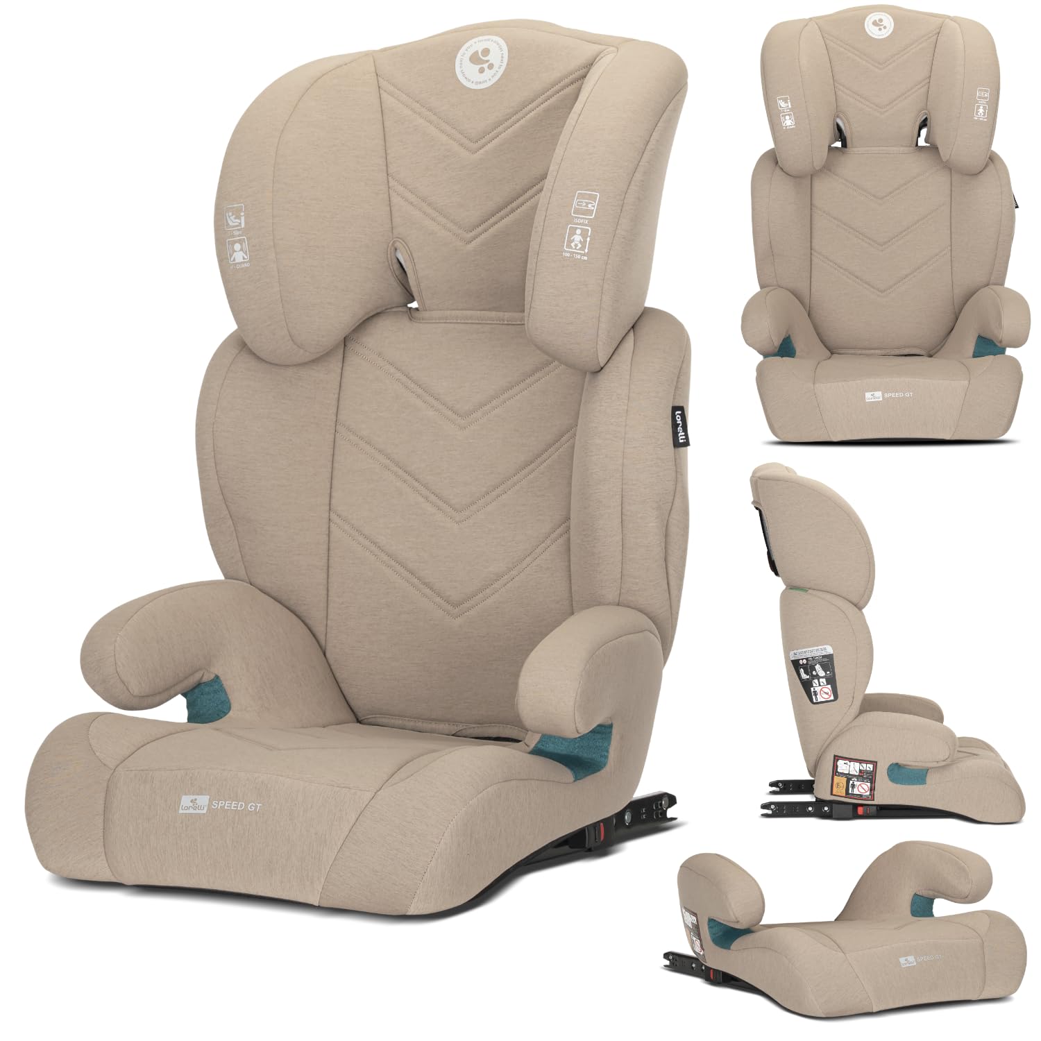 Lorelli Auto Kindersitz GT Speed mit Isofix, i-Size 100-150 cm, Mitwachsender Autositz für Kinder, Babysitz, Autokindersitz, Verstellbare Kopfstütze, Beige