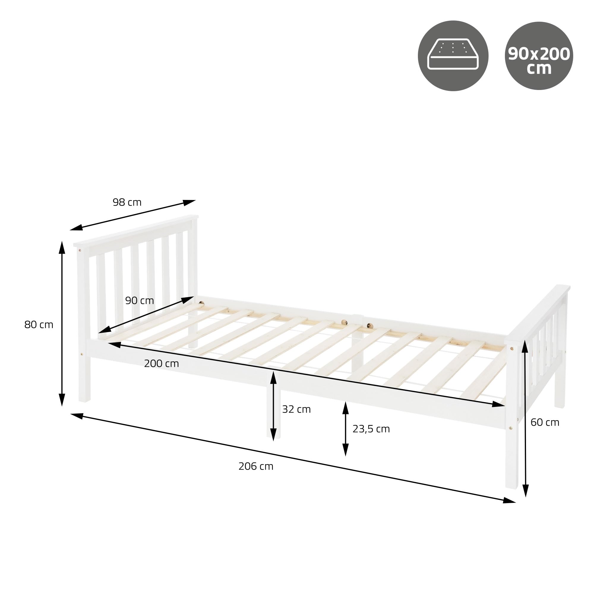 ML-Design Letto Singolo in Legno di Pino Massiccio 90 x 200 Colore Bianco, con Telaio Rete a Doghe Testiera e Pediera, Lettino per Bambini, Giroletto per Ragazzi e Adulti, Struttura Solida