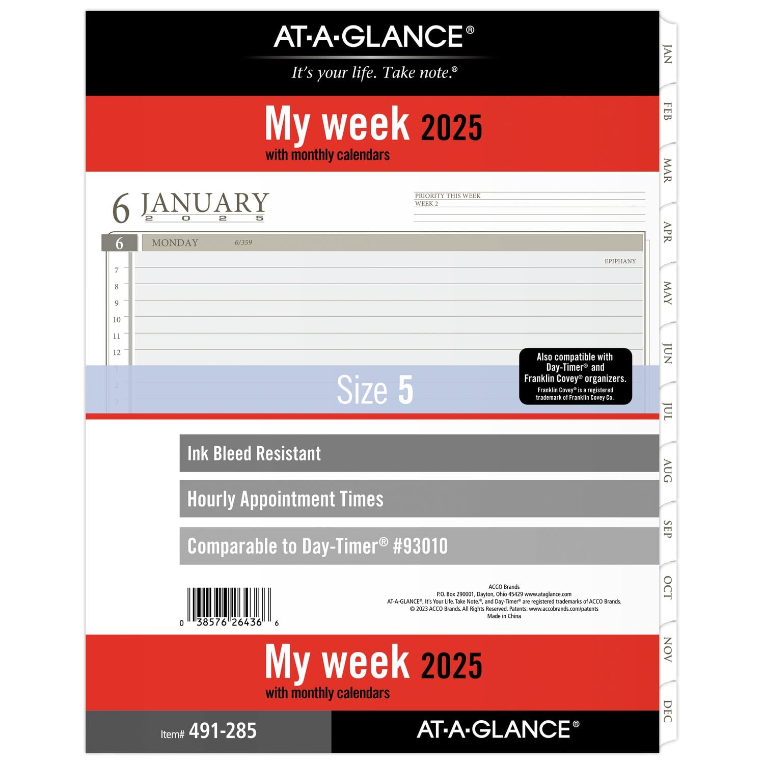 AT-A-GLANCE 2025 Planner Refill, Weekly, 8-1/2" x 11", Folio Size 5, Loose-Leaf (491-285-25)