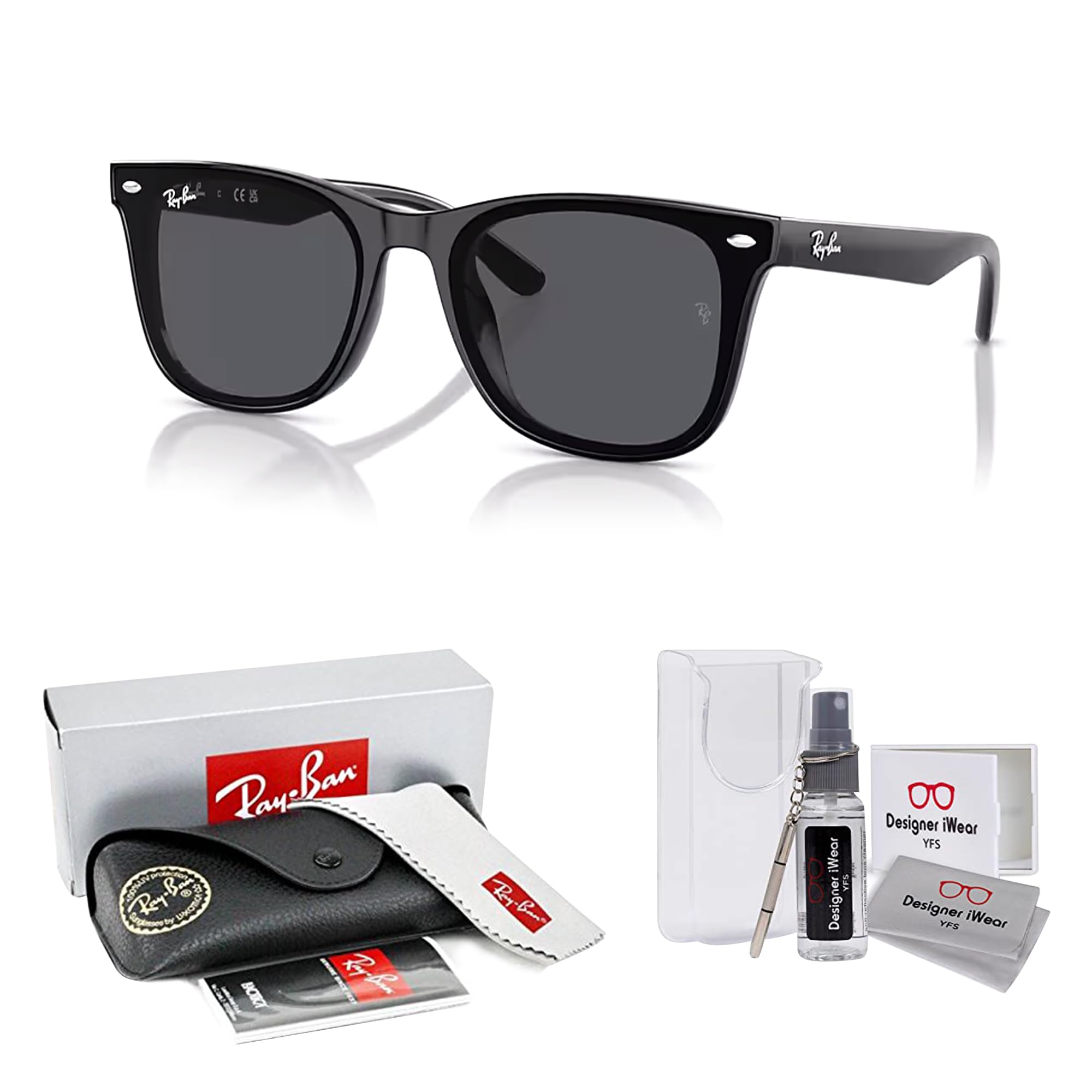 Ray-Ban RB4420 601/87 65MM Black/Dark Grey Square Sunglasses for Men for Women + BUNDLE With Designer iWear Complimentary Eyewear Kit