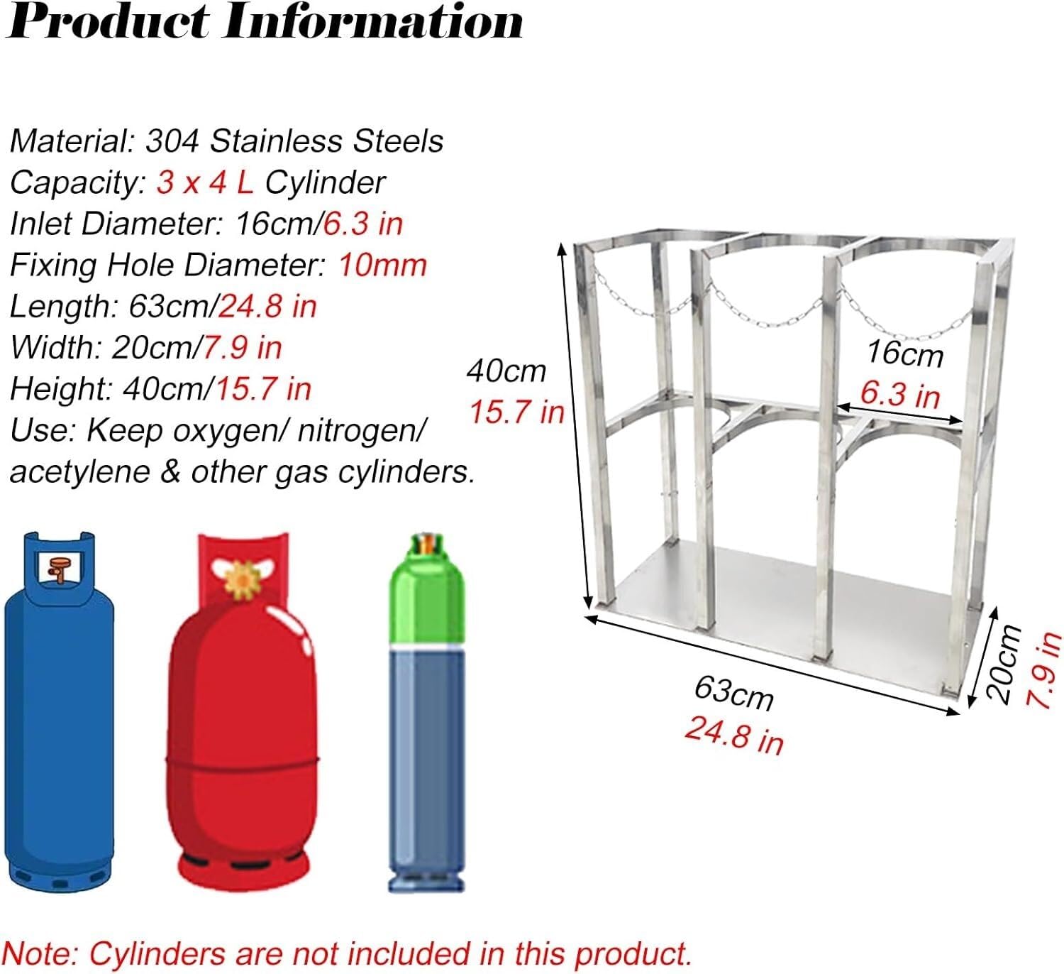 Estante para cilindros de oxígeno de 4 L, estante de almacenamiento de cilindros de gas, estante fijo de acero inoxidable resistente para cilindros de gas y estante fijo para cilindros de gas clínico