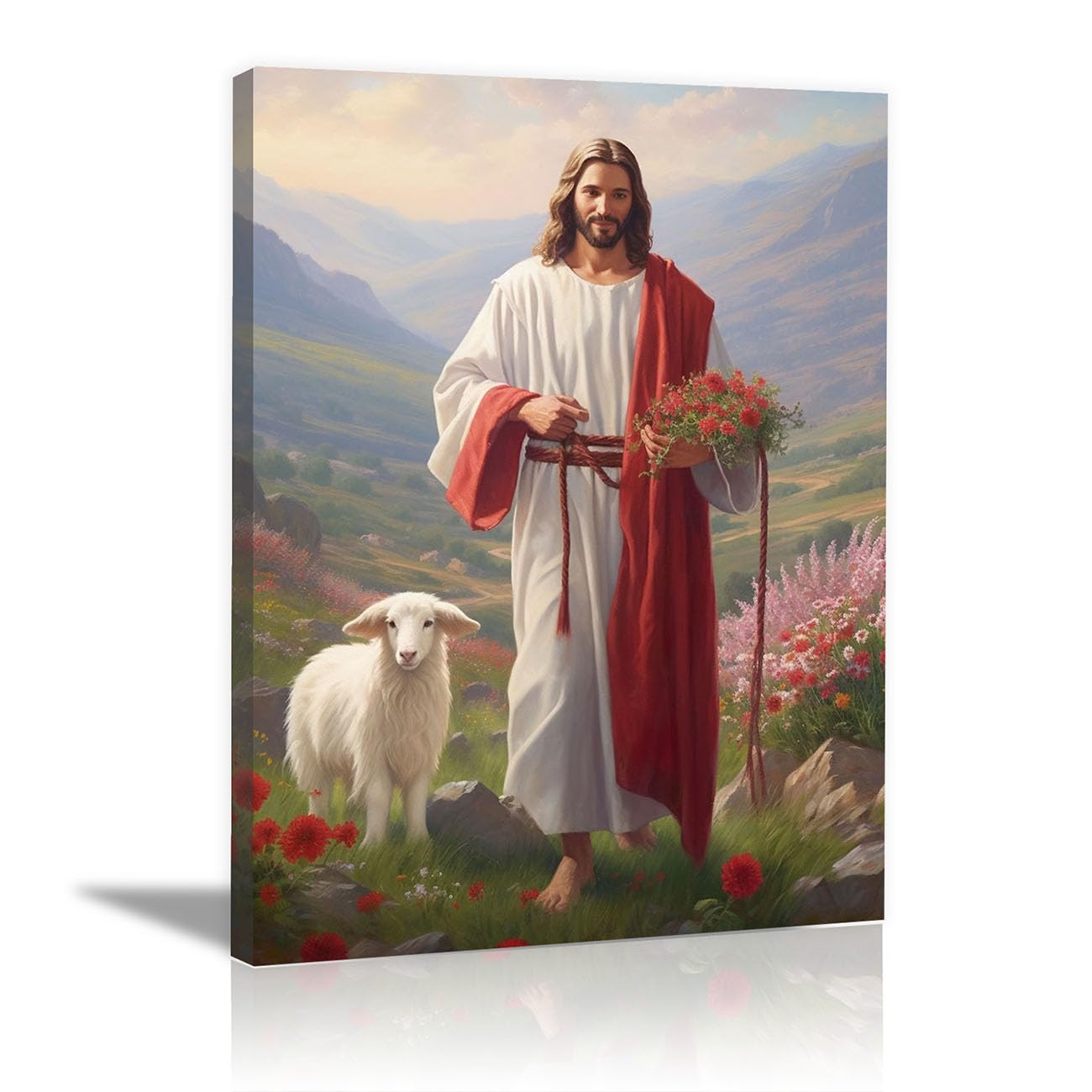 QUSAAOU Christian murals Jesus with a Lamb and Wildflowers Jesus canvas murals Canvas Wall Decor，Suitable for office,living room,bedroom and church decoration(green)-70x100cm Framed