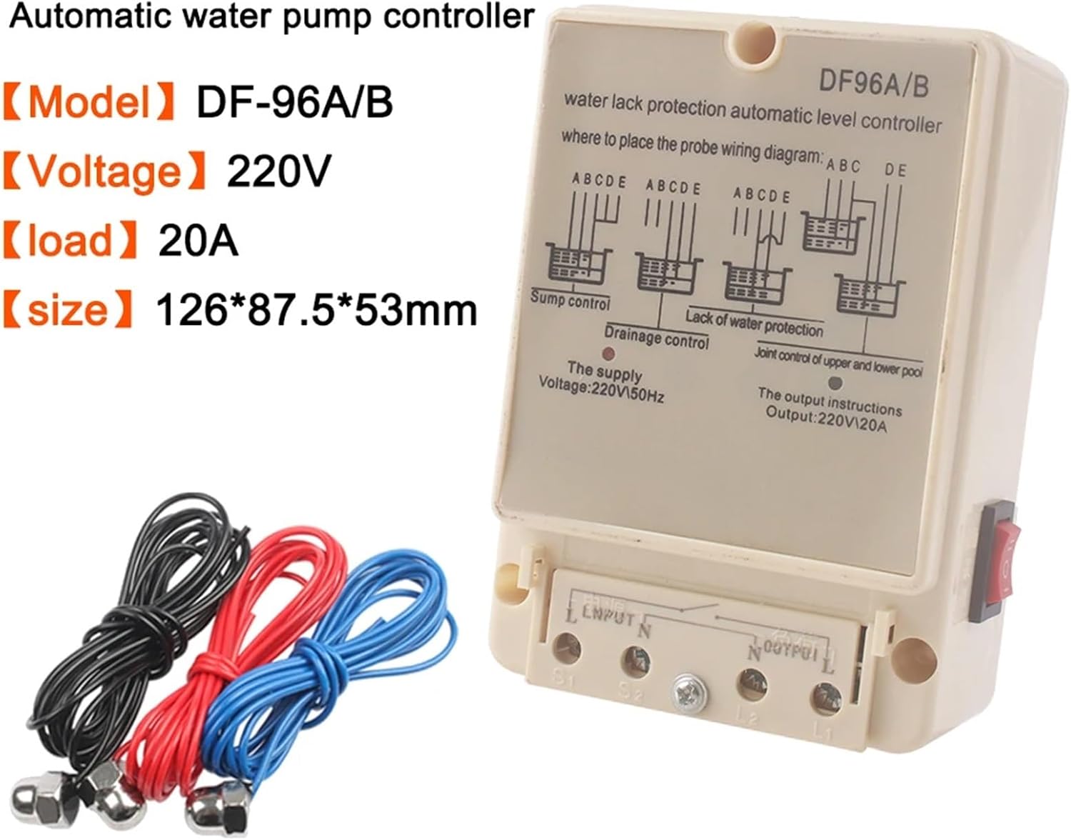 1PCS DF-96A DF-96D DF-96DK Automatic Water Level Controller Pump Controller Cistern Cistern Automatic Liquid Switch with 3 Probes(DF-96DK 1.95m Probes)