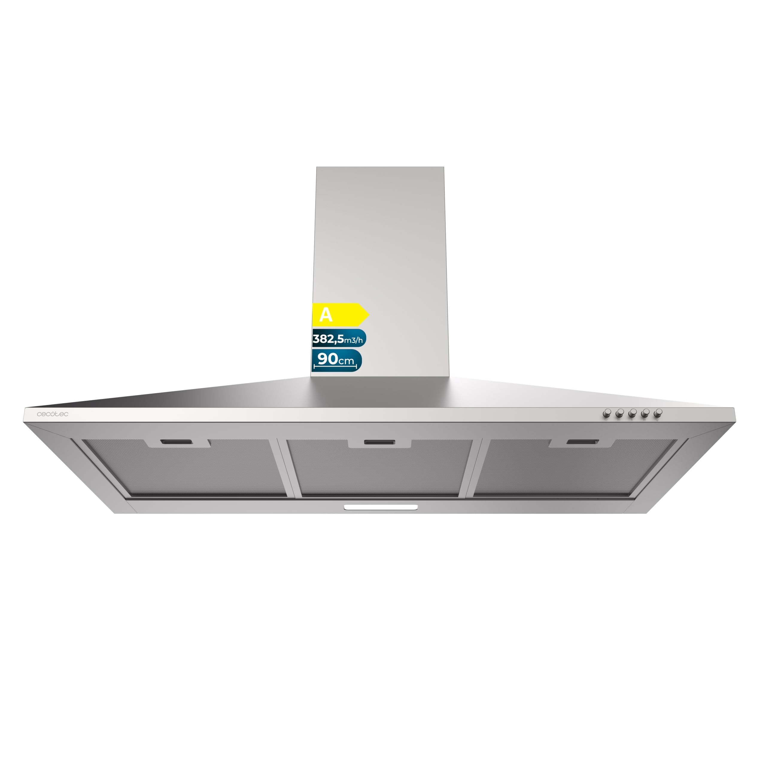 Cecotec Campana Extractora Piramidal 90 cm Bolero Flux PM 904000 Inox A. Succión 382,5 m³/h, 3 Velocidades, Filtros de Carbono Incluidos, Clase A, Motor BLDC y Luz LED