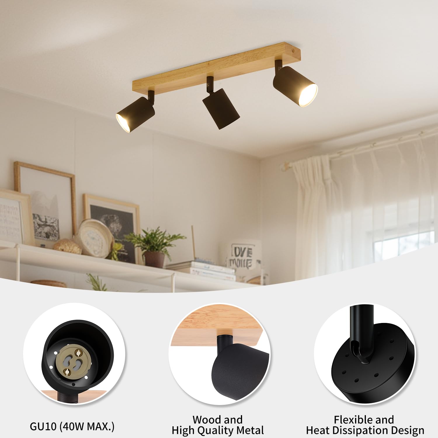 LVWIT Faretti LED da Soffitto Orientabili Nero, Faretto da Interno con 3 LED in Alluminio GU10, Base di Legno, Faretti Soffitto Retrò per Barra, Salotto,Cameretta, Cucina (Lampadine Escluse)