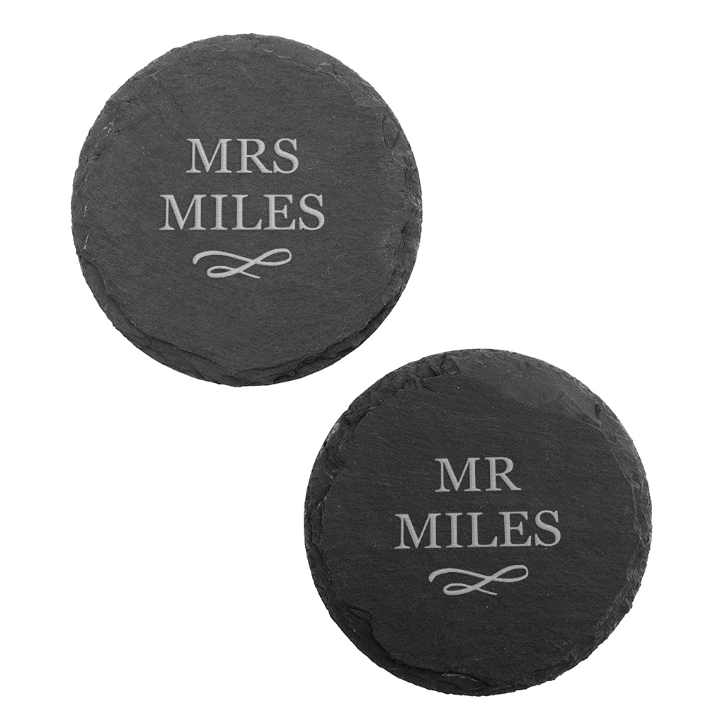 Engraved Natural Slate Coaster - Personalised Mr & Mrs Coaster Gift | Women and Mens Gift Ideas for New Homeowners | Wedding Gifts for Bride and Groom | Thoughtful Keepsake Presents | Dust and Things