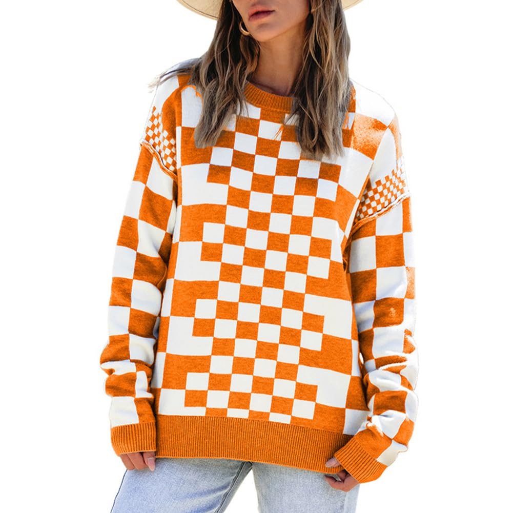 Melliflo Checkered Sweater for Women Long Sleeve Plaid Graphic Sweater Drop Shoulder Round Neck Sweaters Loose Preppy Clothes
