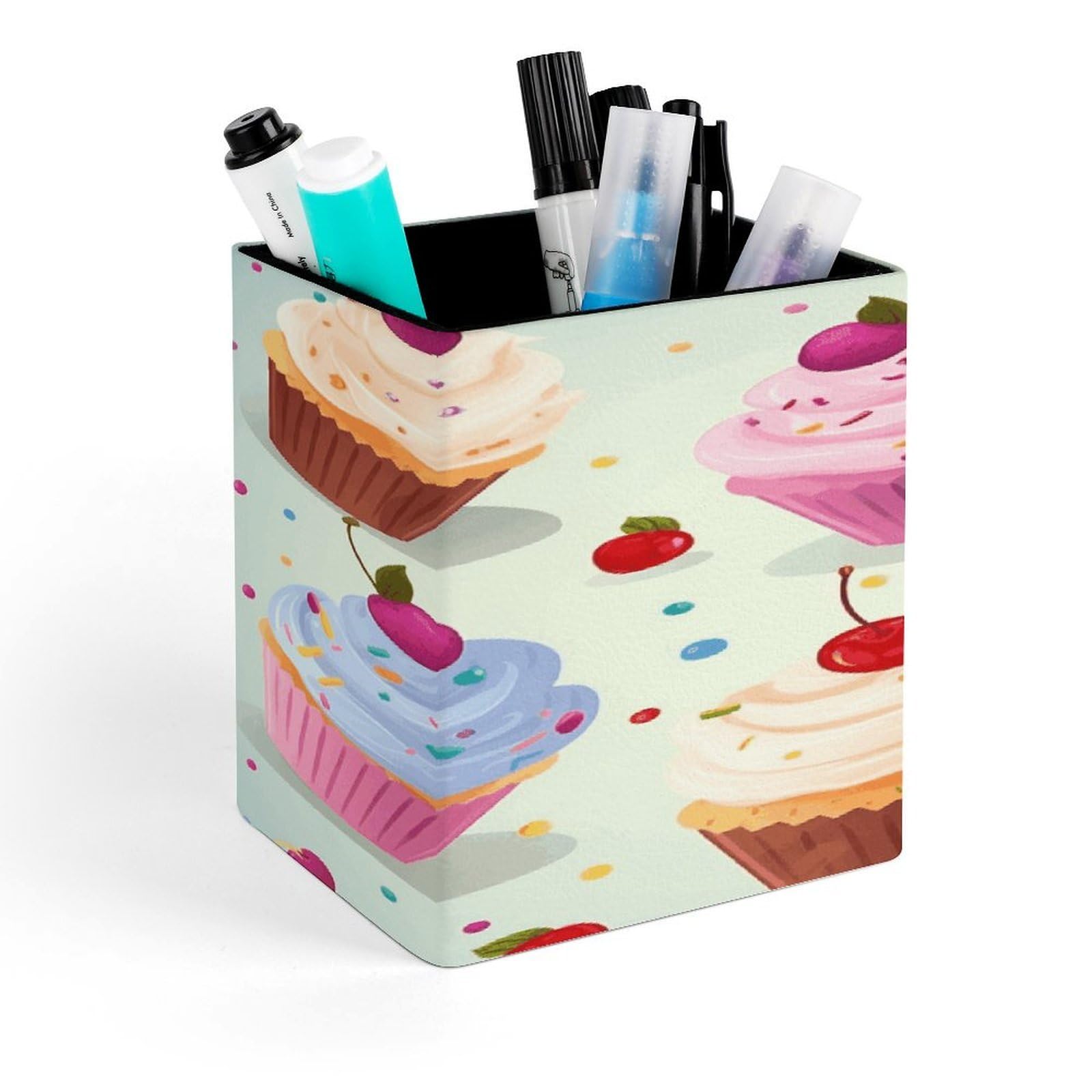 JTREHY Delicious Cupcakes Pen Holder Square Pen Pencil Holder Makeup Brush Holders Cup PU Leather Pencil Cups Desktop Caddy Stationery Organizer Case Office Accessories Container Box