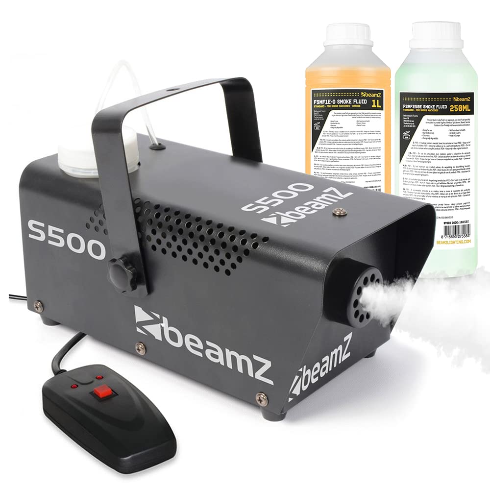 beamz S500 Smoke Machine with 2L Fluid Set | Compact High-Output Fog Machine for Parties, Discos, and Events | Ideal Party Smoke Machine for Home & Professional Use | Enhance Lighting Effects