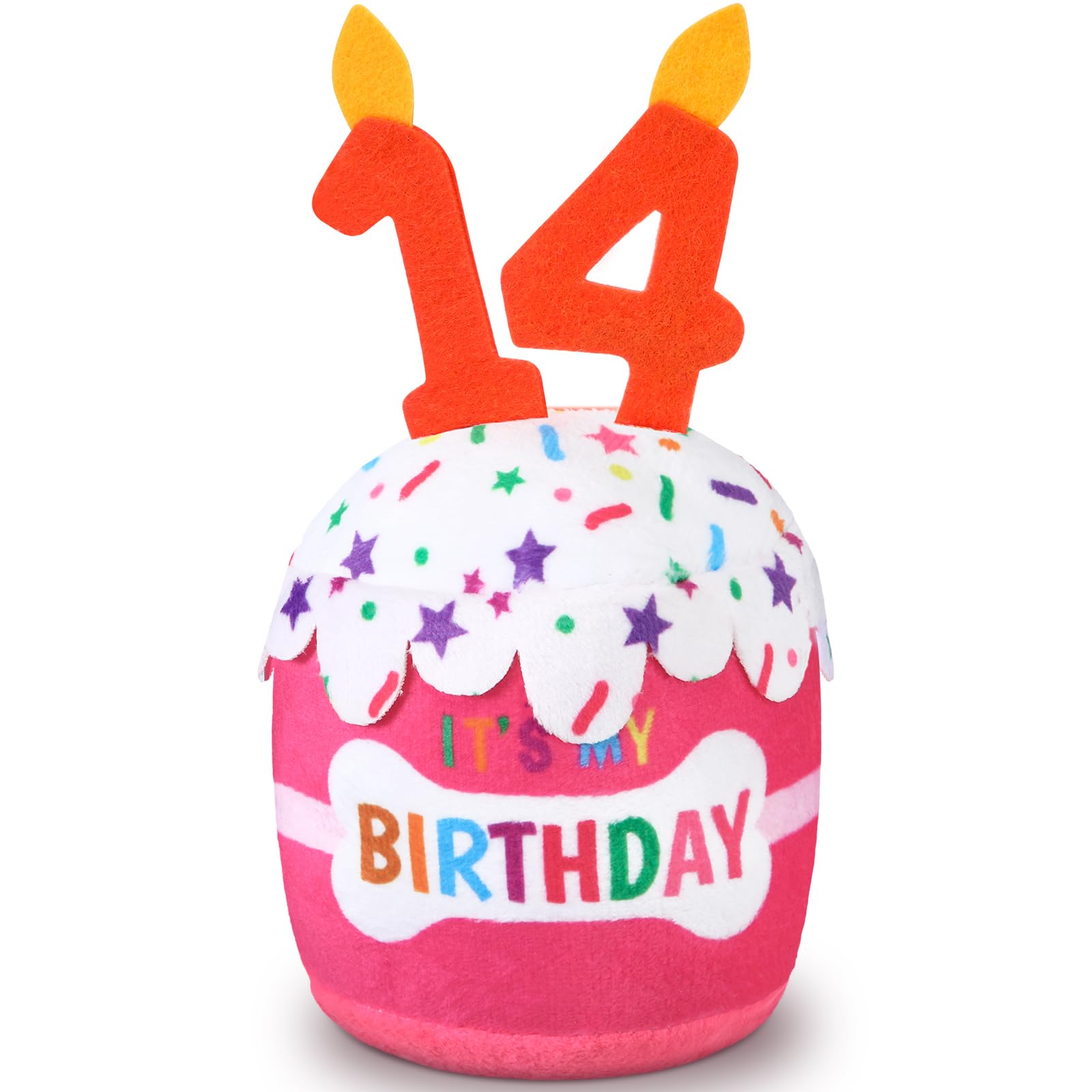 Dansydaisy Dog 14th Birthday Cake Toy Accessories for Girl Boy Gifts, Pink Squeaky Plush Toy for Dog Birthday Party Decor Favor for Large, Medium and Small Dogs