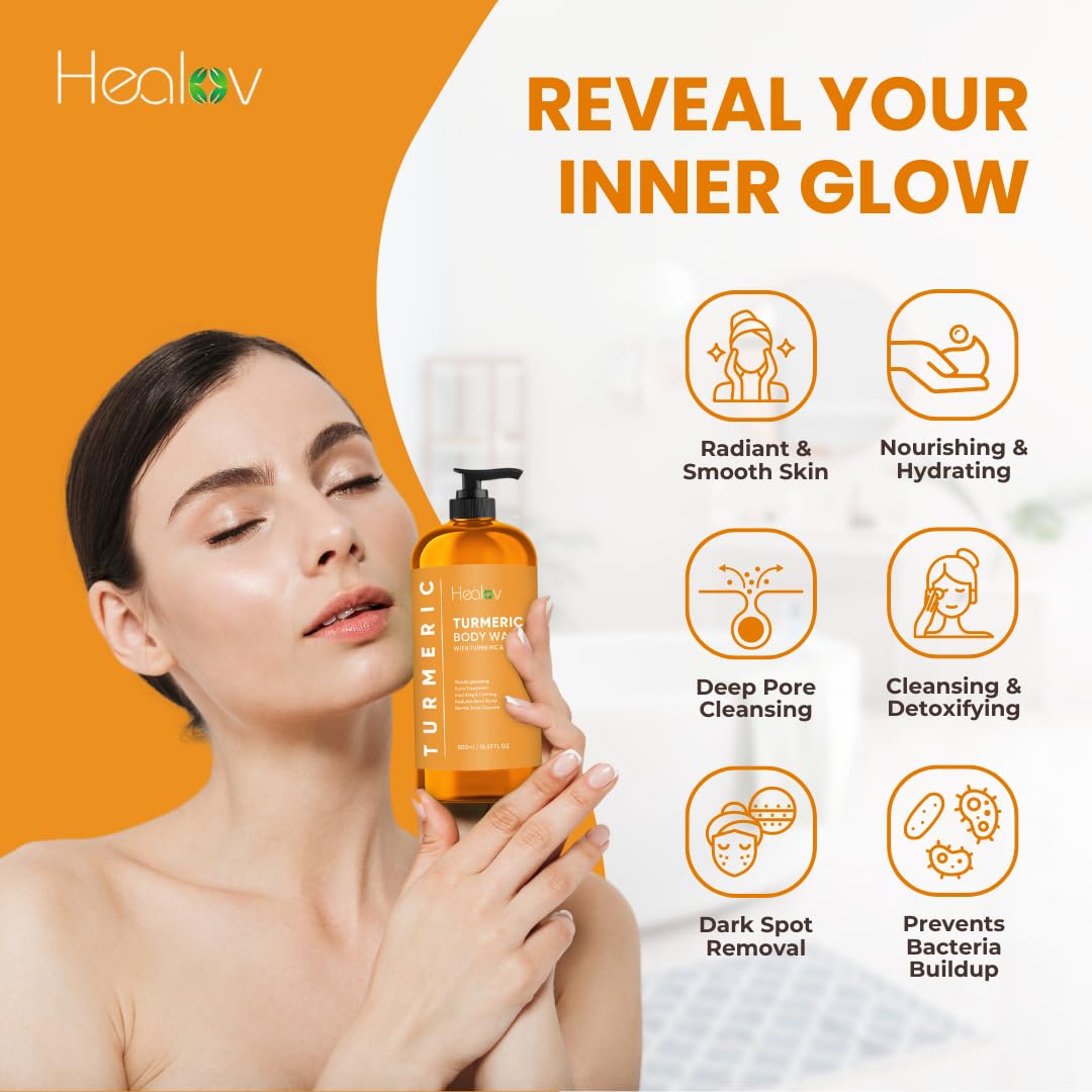 Healov Gel doccia alla curcuma, sapone alla curcuma, illumina la pelle per macchie scure e iperpigmentazione, gel doccia esfoliante alla curcuma, riduce acne, cicatrici e deterge la pelle