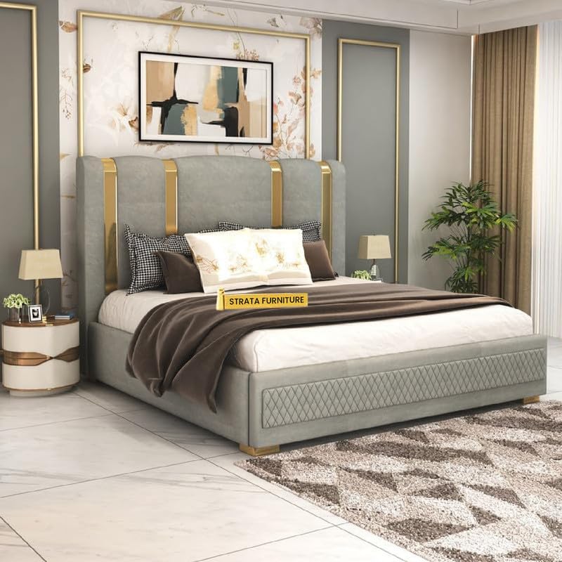Image of STRATA FURNITURE Solid Wood King Size Bed with Box Storage and Upholstered Headboard | Modern Wooden Double Bed Cot Palang Furniture for Bedroom, Hotels, Living Room, and Home (Grey)