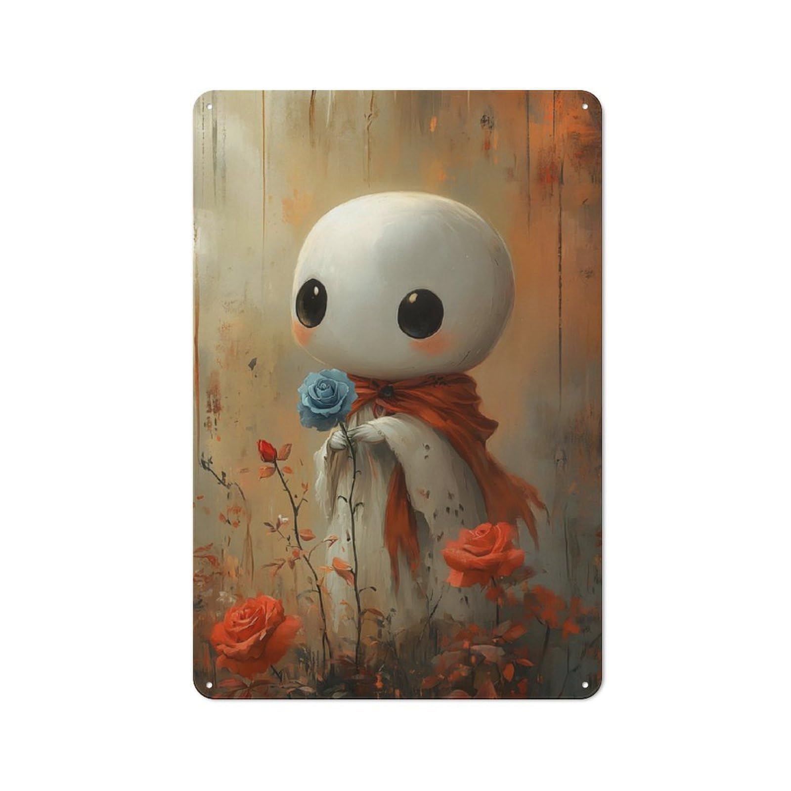 Junmoney Cute Sheet Ghost With Blue Rose Nostalgic Decorative Tin Sign 30X20cm, Vintage Wall Decor For Lounge, Study, Pub Or Wall Gallery