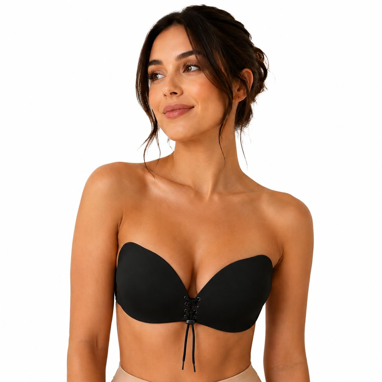 Strapless Sticky Bra for Women | Invisible Reusable Adhesive Push Up Bra | Backless Seamless Drawstring Lift Support | Size B | Black-picture-37