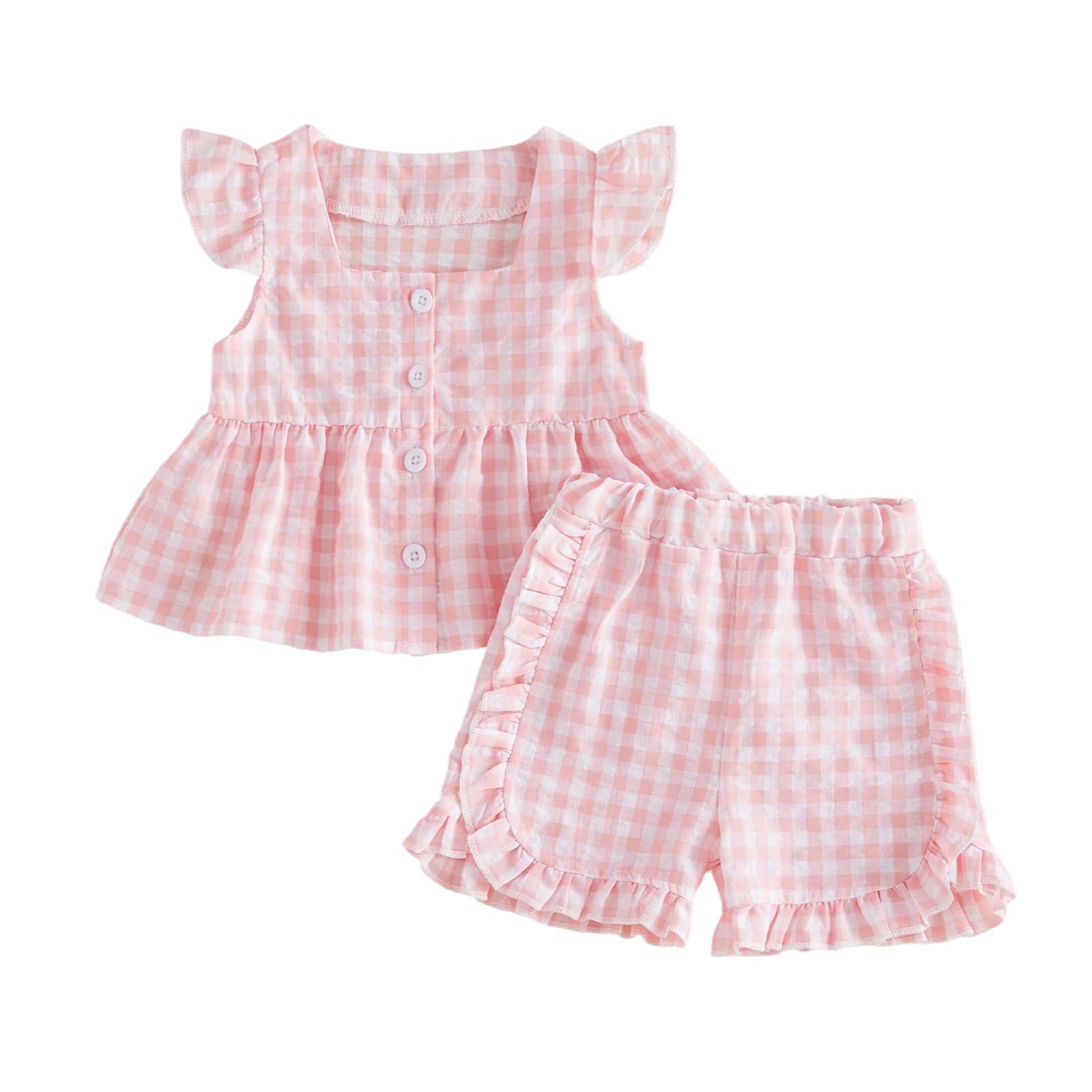 Toddler Baby Girl Summer Clothes Infant Girl Plaid Outfit Strawberry Ruffle Gingham Shirts Dress Tank Top Shorts Set — view 36
