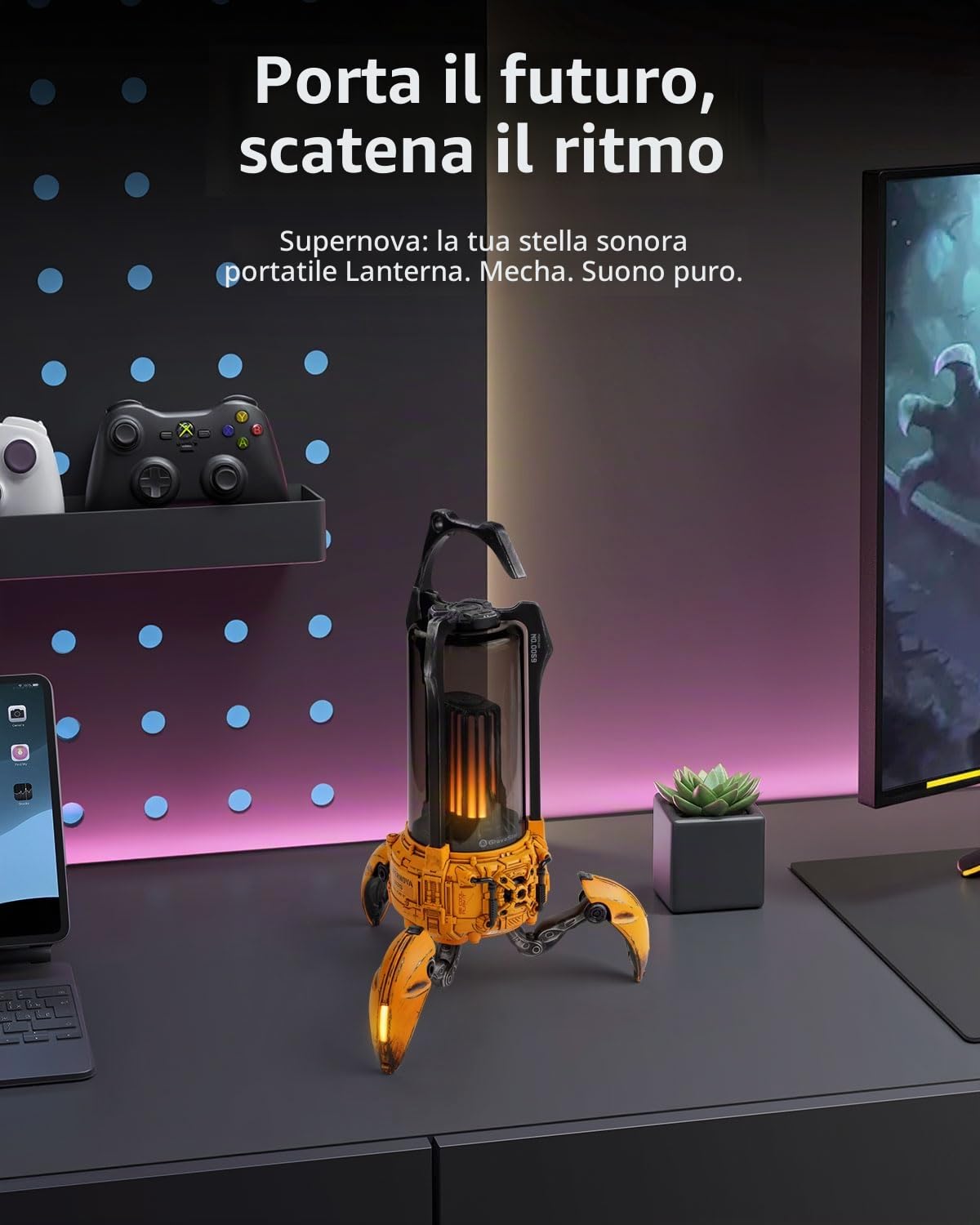 GravaStar Supernova - Altoparlante Bluetooth 5.3, 25 W, suono potente, diversi effetti di luce immersivi, compatibile con AUX, 9 ore di riproduzione, altoparlante da campeggio all'aperto, 20 m