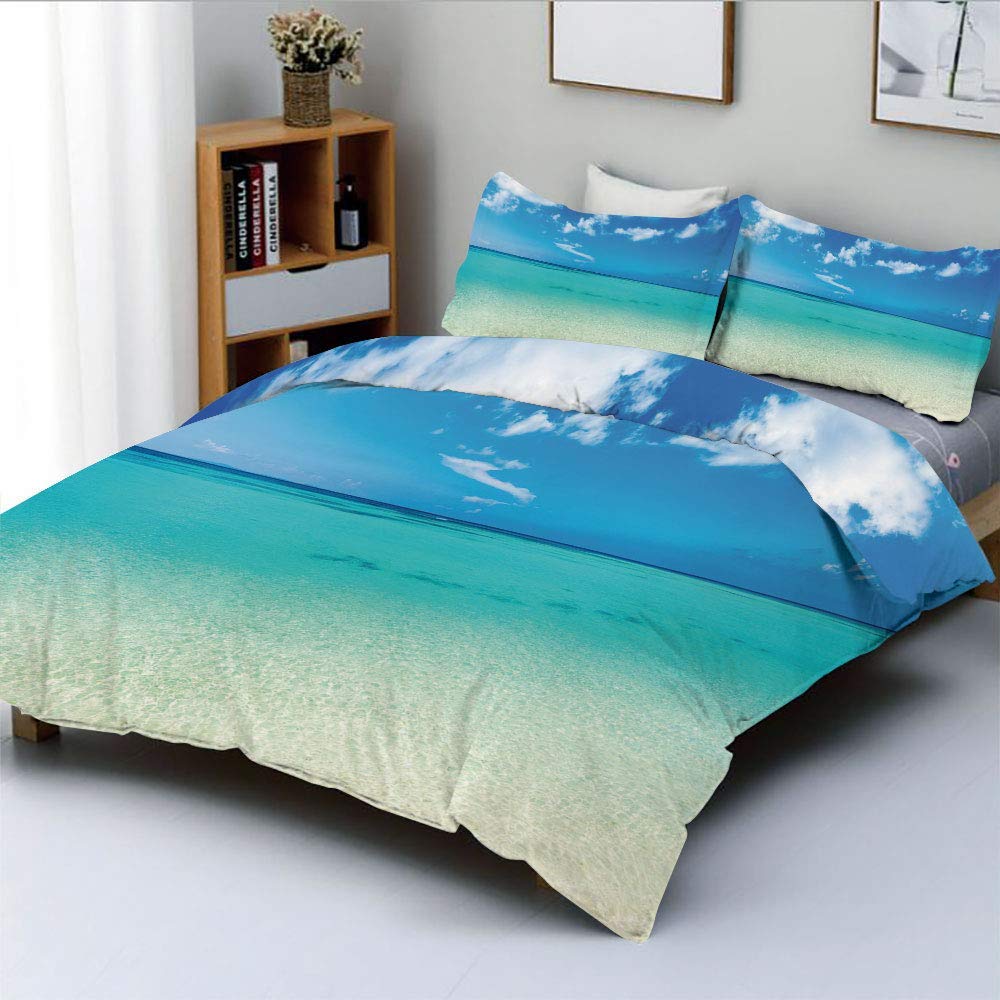 Duvet Cover Set,Paradise Ocean Dreamy Sea Vacation Serene Summer Exotic Relax Summer Picture Decorative 3 Piece Bedding Set with 2 Pillow Sham,Turquoise Blue,Best Gift for Kids