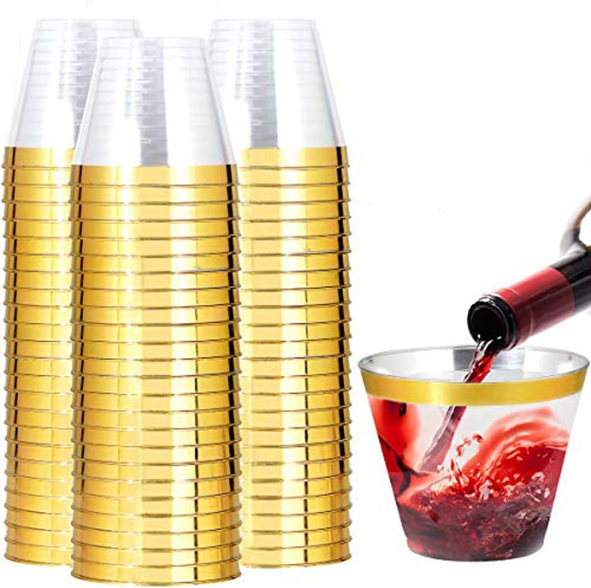 I00000 200 Pack Gold Plastic Cups, 9 OZ Elegant Gold Rimmed Plastic Cups | Clear Plastic Cups, Wine Glasses, Fancy Cocktail Glasses, BPA-Free, Bulk Catering, Everyday Use, Party, Wedding, Reception