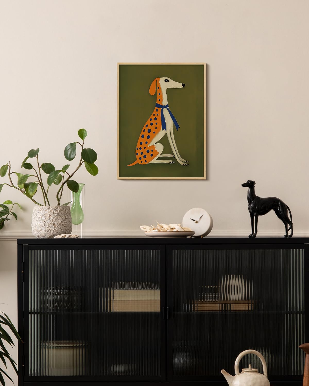 Cute Loyal Dog Metal Framed Canvas Print Wall Art, 12x16 Animal Artwork Greyhound Whippet Illustration with Blue Bow, Olive Green Background Modern Farmhouse Bedroom Kids Room Office Decor