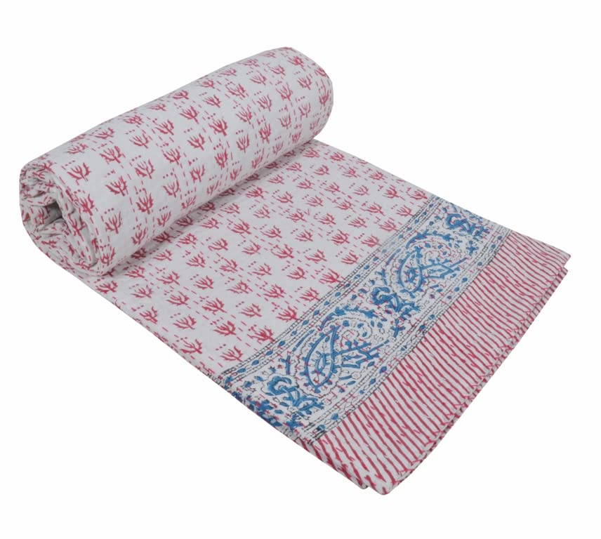 V Vedant Designs Indian Cotton Block Print Kantha Quilt Twin Size/Queen Size Kantha Quilt Twin Coverlet Quilt Throw Bohemain Bedspread Blanket (Pink, Queen (U.S. Standard))