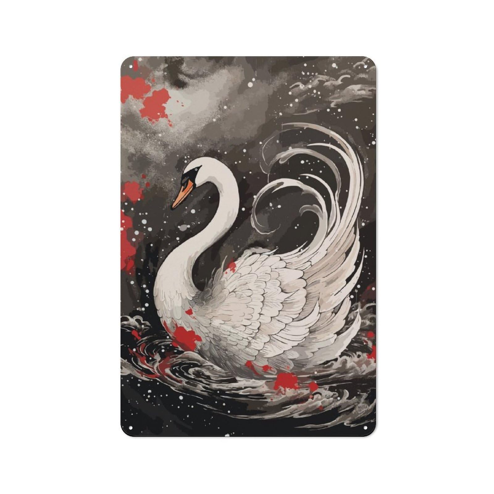 Metal Plaque 30x20cm with Swan Japanese Painting for Pub Or Café, Rustic Decor, for Pub Decor Enthusiasts