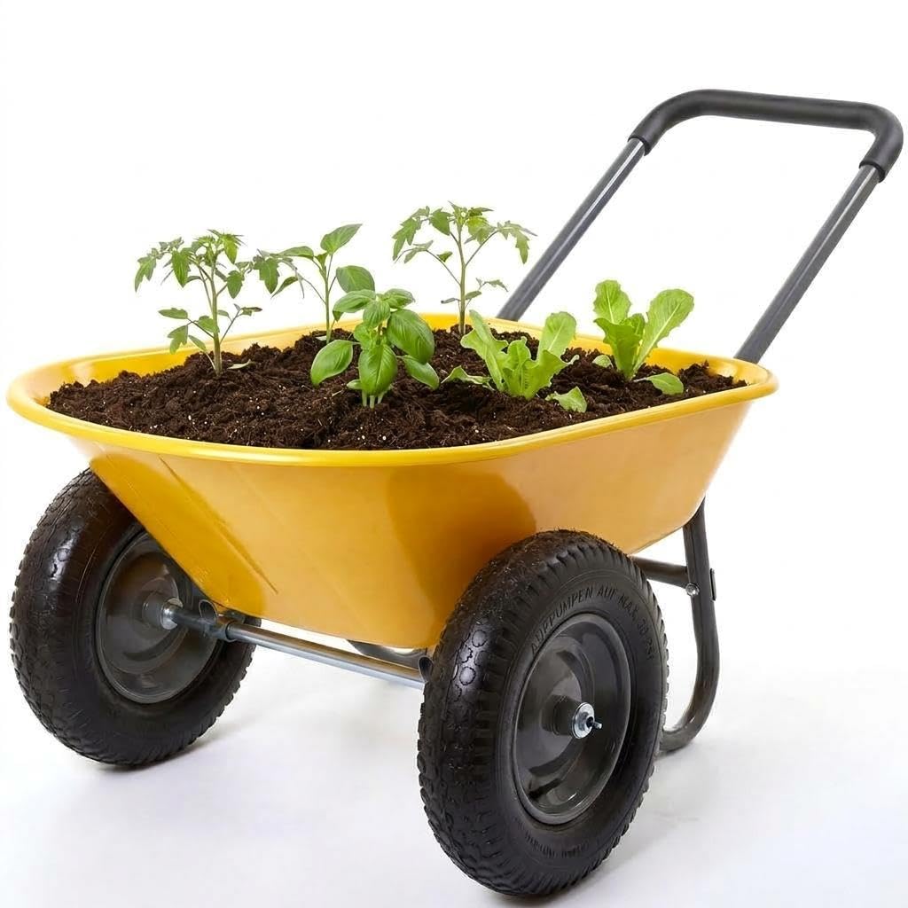 Aptliton Brouette De Jardin à 2 Roues, Chariot Utilitaire Fer Et Plastique 124x66x62,5 cm, Bac Plastique Renforcé Antirouille, Pneus Pneumatiques Jantes Métal, Multicolore Vert Armée Gris Rouge Jaune