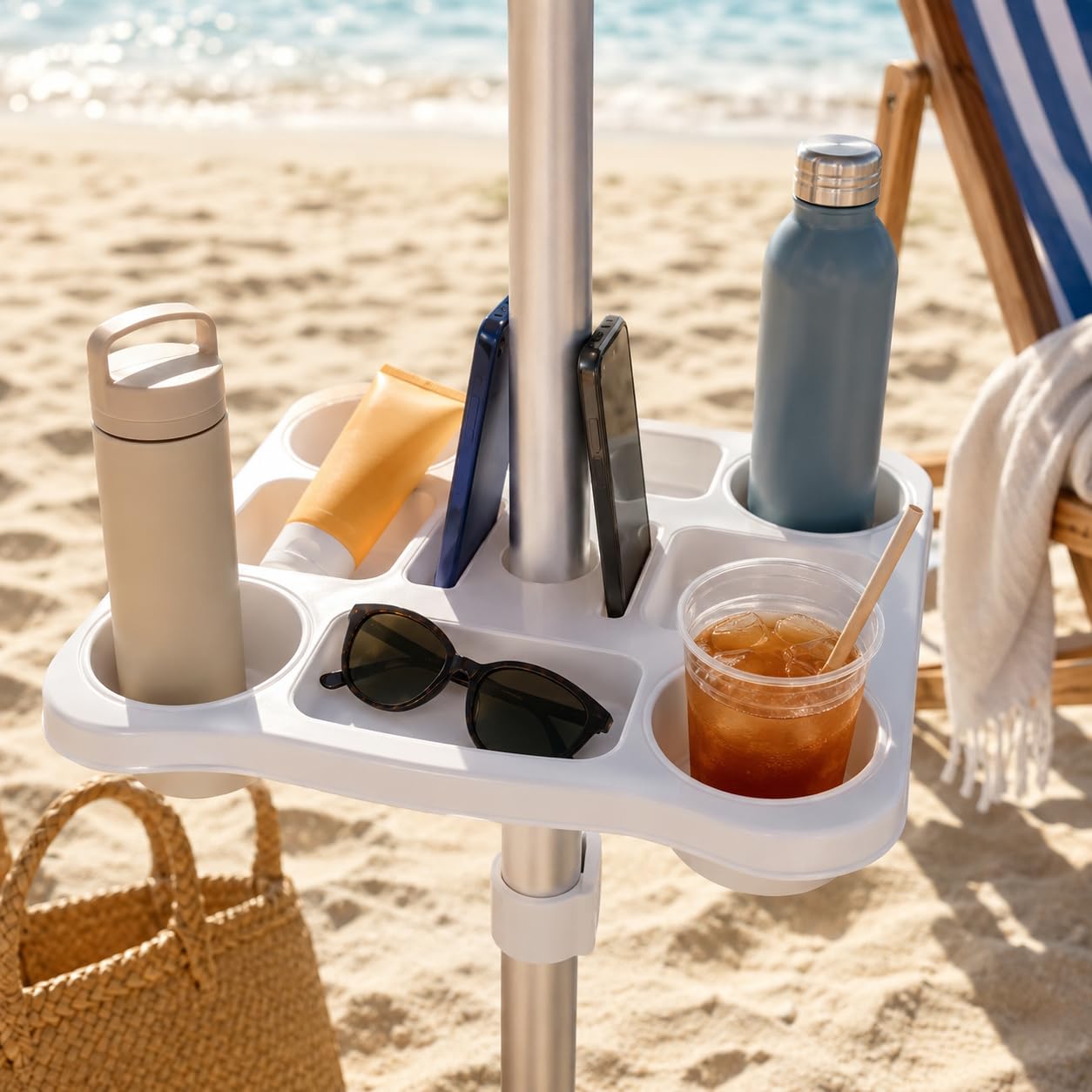 Tavolino Per Ombrellone Da Spiaggia Qualità Top 8 Scomparti E 2 Slot Per Smartphone 35x35 cm Portaoggetti Porta Bicchieri Bottiglie Con Morsetto Regolabile Ø22-40 mm Per Spiaggia Giardino Piscina