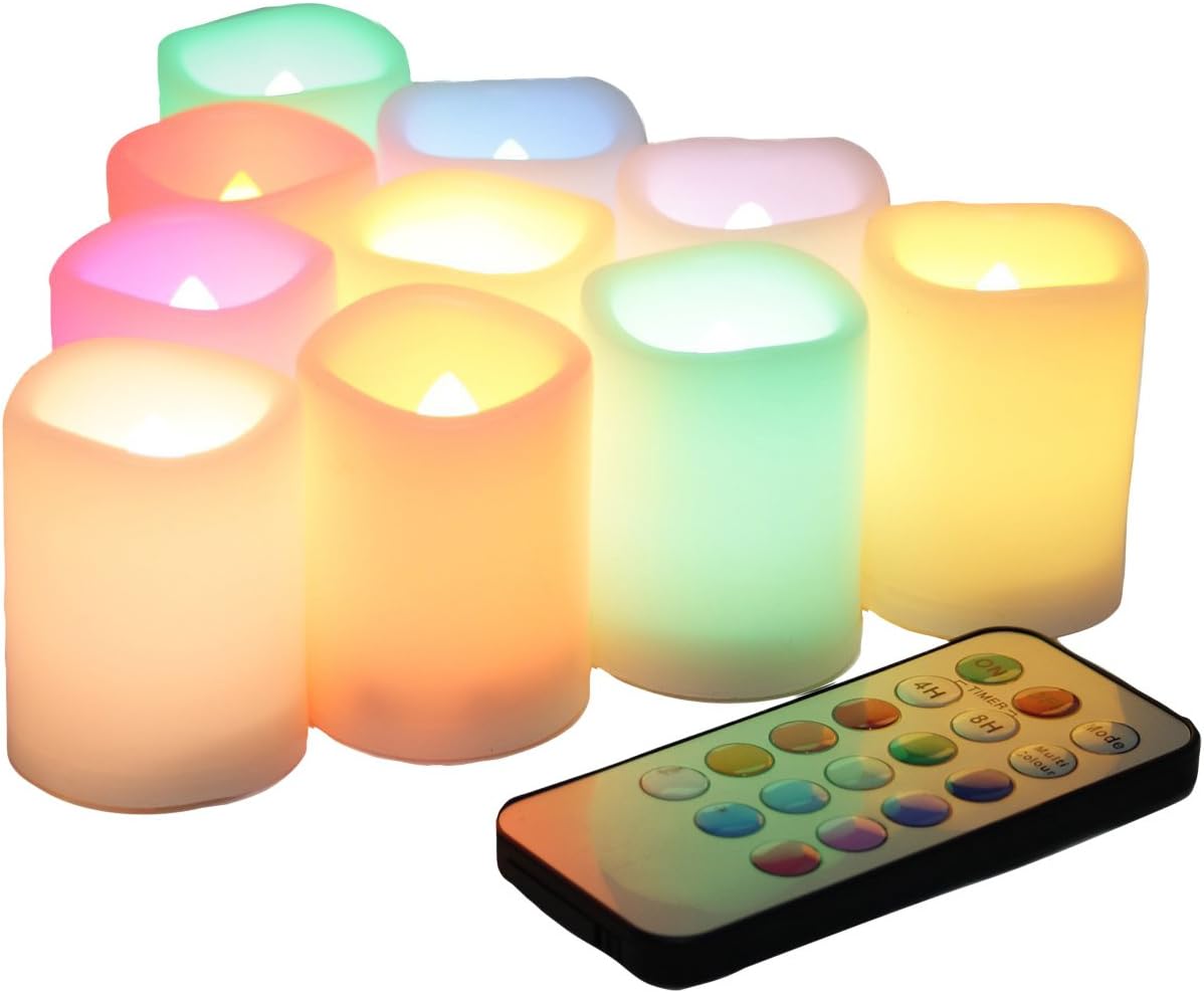 CANDLE CHOICE Color Changing Battery Operated Flameless Votive Candles with Remote Timer Realistic Flickering Fake Electric Multicolor LED Lights for Wedding Christmas Decorations Battery Incl. 12 PCS