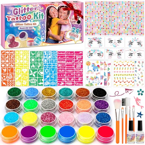 KHOLEZ Glitter Tattoos for Kids Temporary Face & Body Glitter Make Up Kit - 24 Colours Stencils Gems Rhinestones - Perfect for Birthday Party Christmas Gifts
