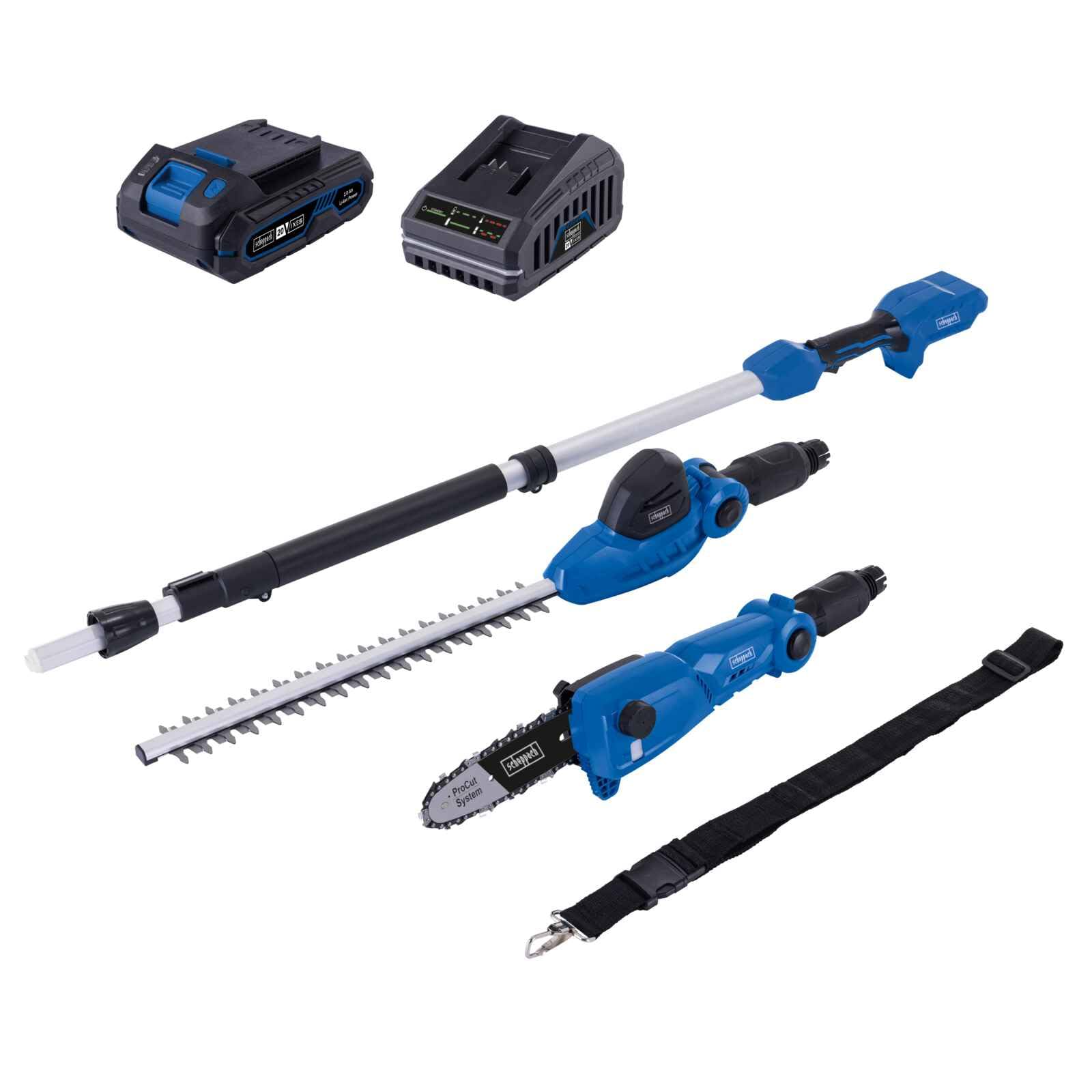 Scheppach Batería multifunción C-PHTS410-X 2 en 1 | Longitud de corte cortasetos y podadora 410/180 mm | Correa de hombro y barra telescópica | Serie IXES 20V-IXES | 10 años de garantía | con batería