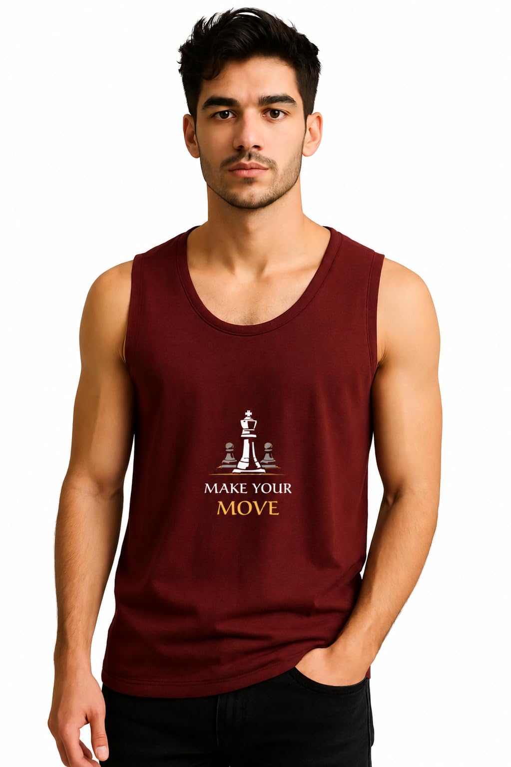 Men's Pure Cotton Sleeveless Tank Top | Make Your Move Chess Graphic Printed Vest | Round Neck Gym & Casual Summer T-Shirt | Regular Fit-image-48