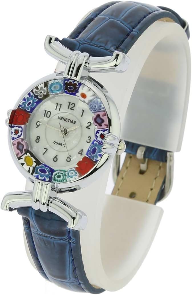 Glass Of Venice Murano Glass Millefiori Watch with Leather Band - Blue Multicolor
