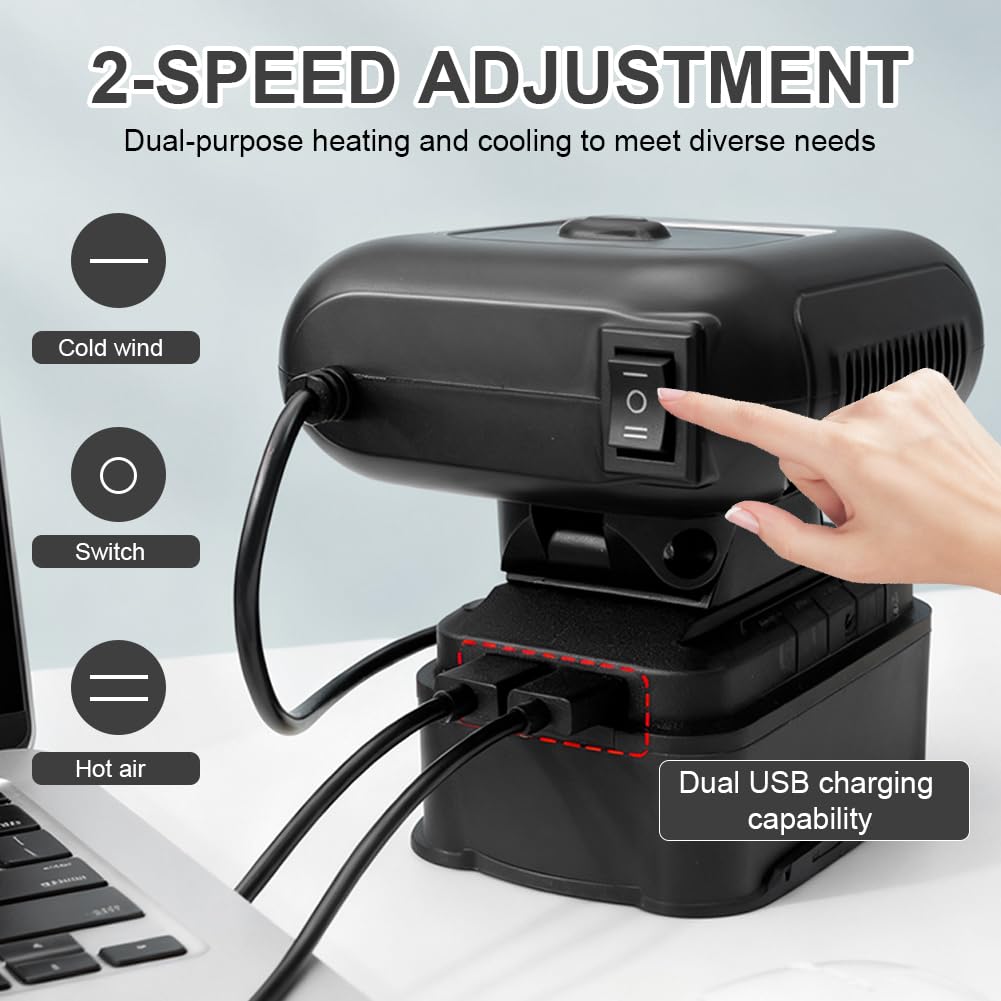 Akku Heizung, Akku Heizlüfter, Auto Heizung mit akku, 90 ° Flip, 2XUSB Tragbarer Raumheizung Kompatibel mit BL1830 BL1850 BL1840 BL1845 BL1815 BL1820 BL1860B