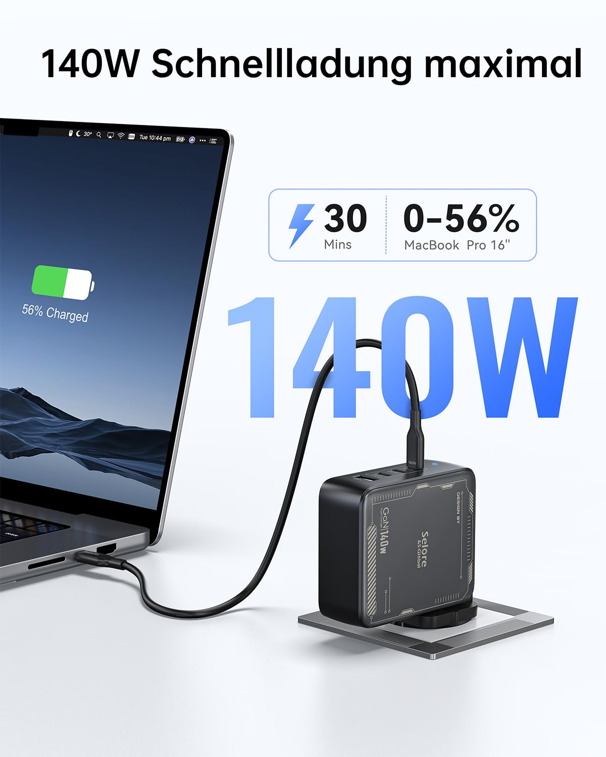 SELORE - Caricatore USB C GaN da 140 W, 4 porte, con cavo da USB C a USB C da 2 m, 140 W, alimentatore di rete PD 3.1 per MacBook Pro/Air, iPhone 17/16/15, Samsung S25/S24, iPad, caricatore per laptop