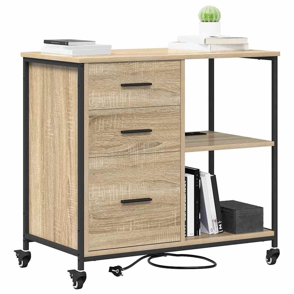 vidaXL Schrank mit Ladestation Mit Rad Sonoma-Eiche 76 x 41 x 72 cm, Moderner Büroschrank, rechteckig, mit Ladefunktion, Holz, praktische Lösungen fürs Arbeiten