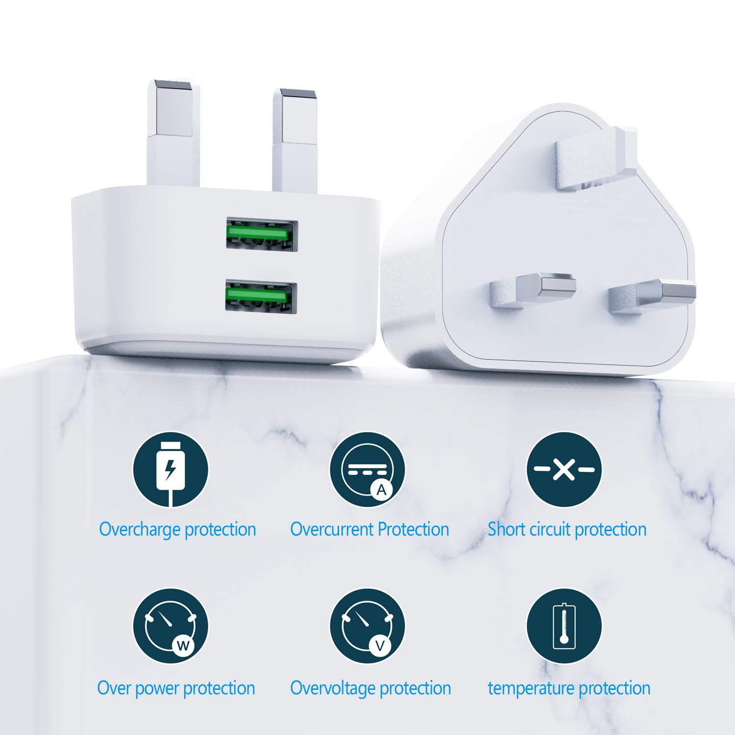 USB Plug, Dual USB Charger Plug UK 3Pack Phone Plugs with USB Port Double Compact 3 Pin Mains Charge Head 10.5W 5V 2.1AMP Charging Compatible with iPhone Apple 14 13 12 11 SE XS XR X 8 7 6 5 iPad - 2